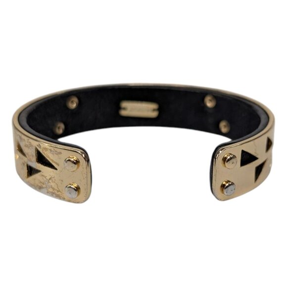 Vtg Stella Dot Addison Cuff Bracelet Gold Tone Black Leather Geometric Cutout - Picture 6 of 9